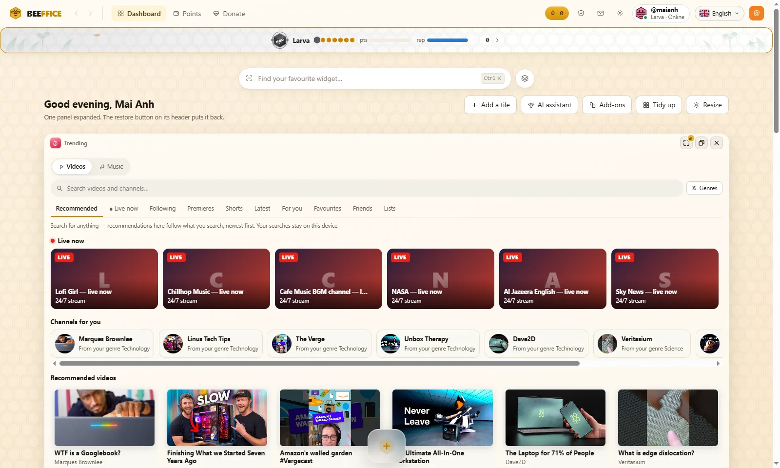 The Trending panel: live streams, channels and recommended videos