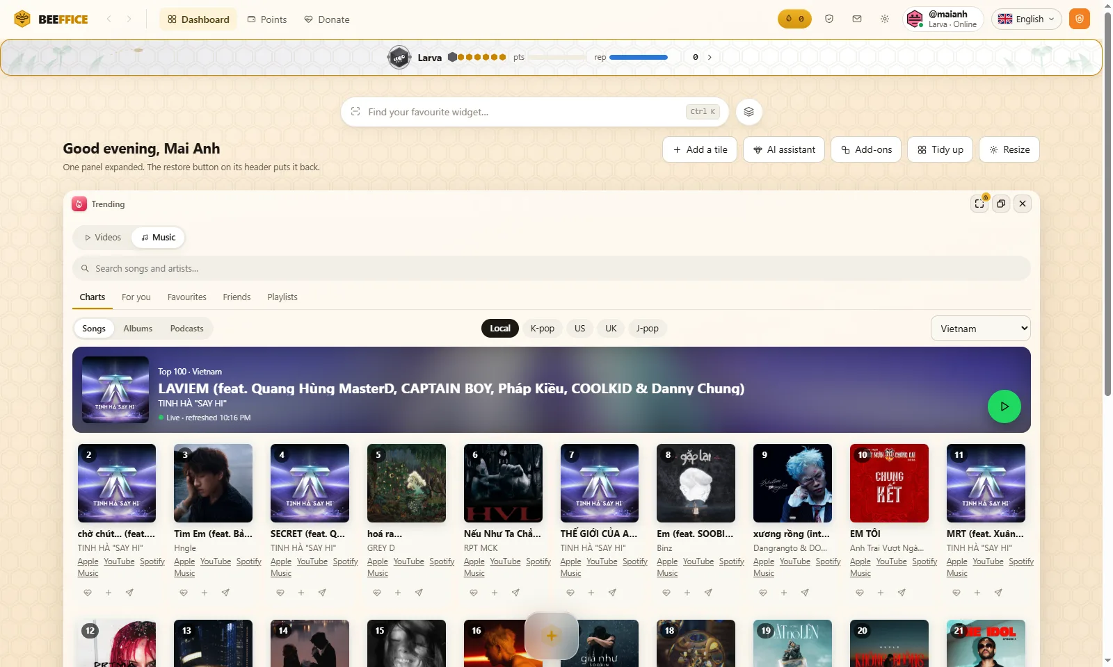 The music chart for Vietnam, with links to Apple Music, YouTube and Spotify