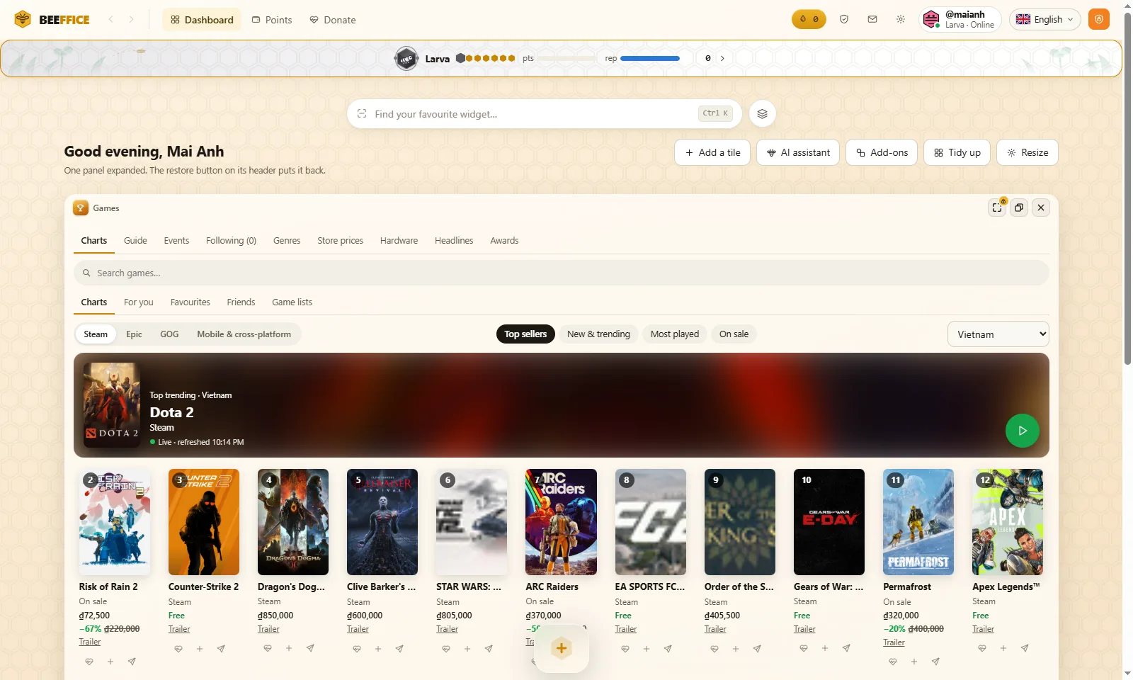 The Games panel: top sellers on Steam with prices and trailers
